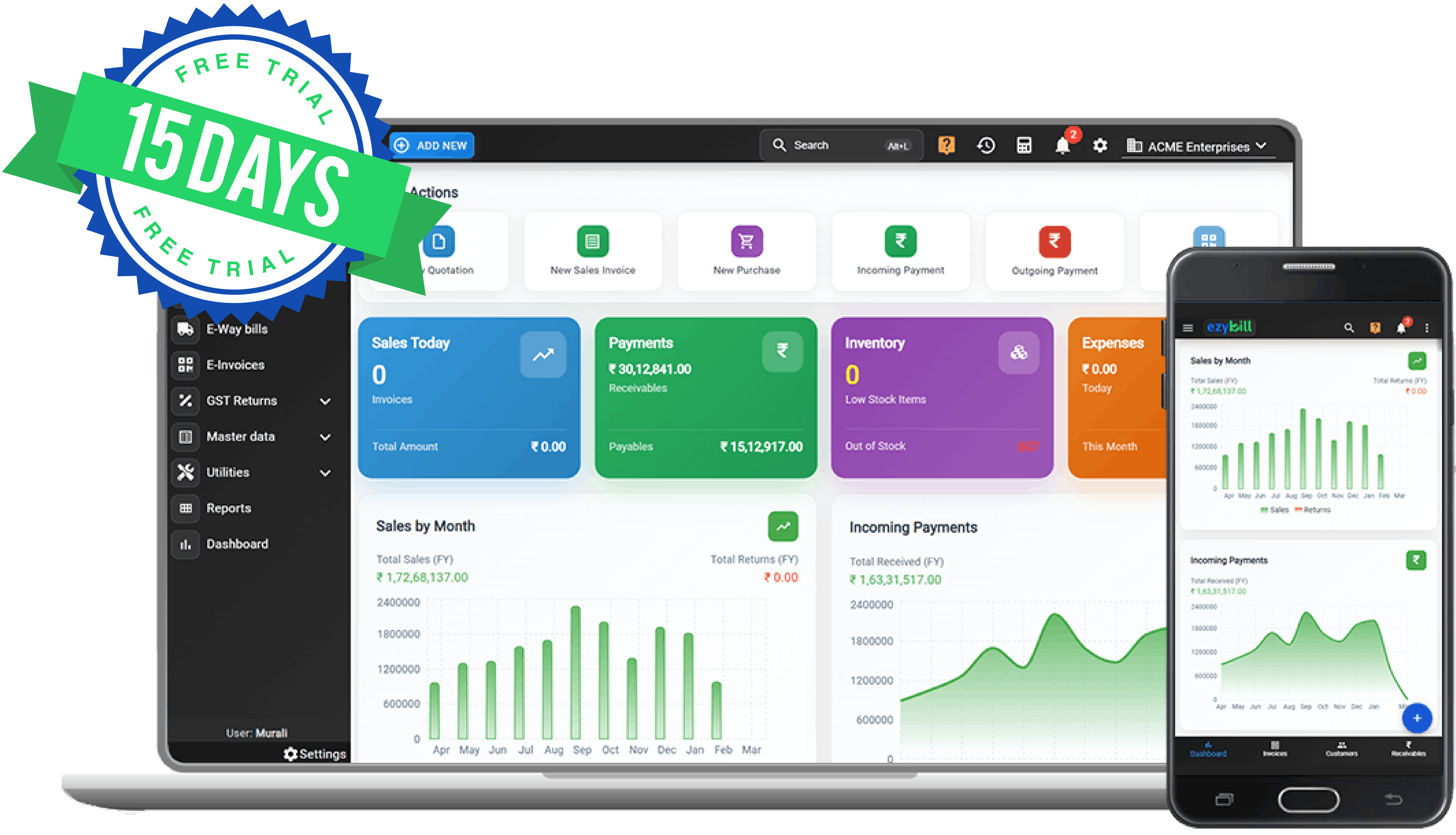 ezybill dashboard preview on laptop and phone